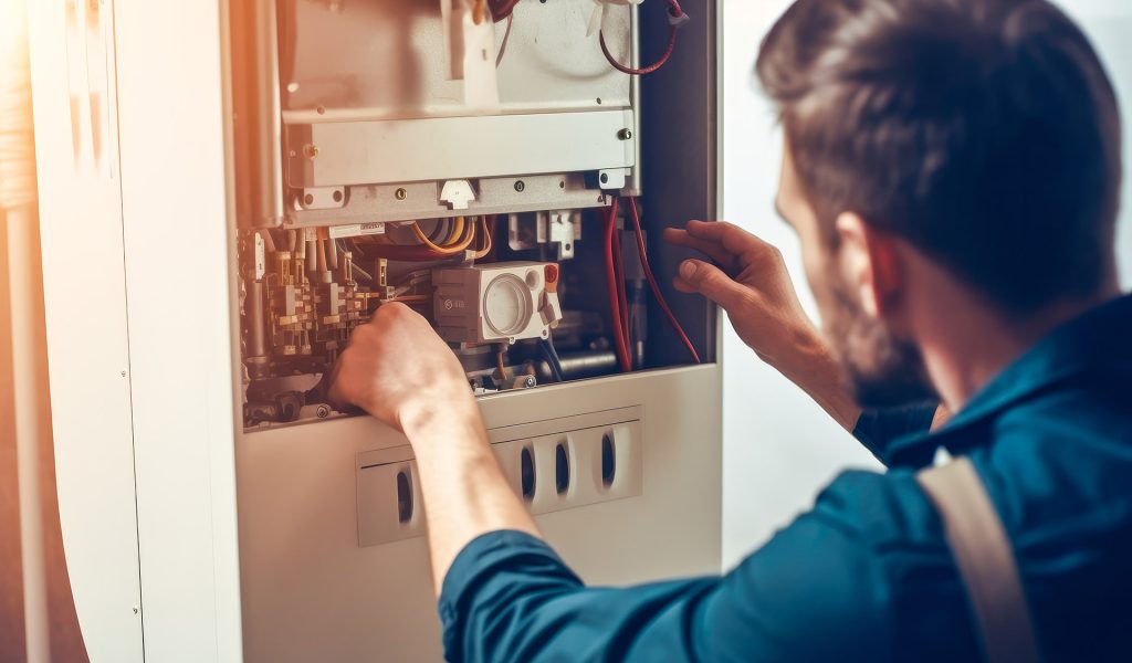 Repairman fixing a broken electric boiler or furnace with focus on his hand. High quality generative ai